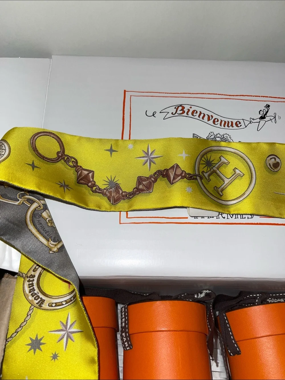 Hermés C’est La Fete Yellow & Grey Silk Twilly Scarf with Roses